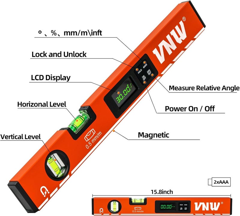 VNW 16inch Digital Level with LCD Display - Bubble Light Up Function - Multi Purpose:Magnetic Torpedo Level, Angle Finder 0-90° & 0-180° Range -Leveler Tool for Woodwork,Saw & Home Leveling (Champagne) - Image 5